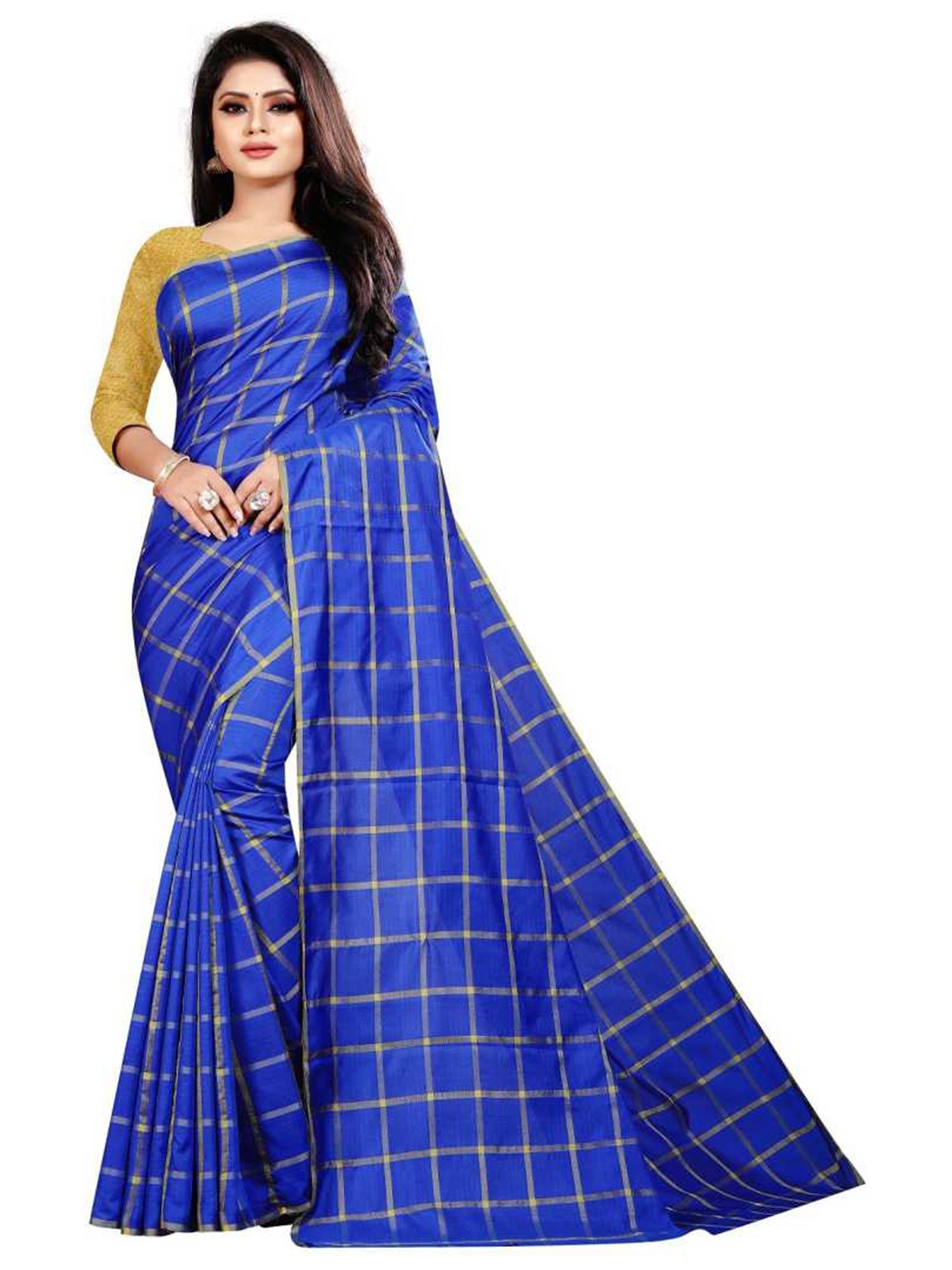 

KALINI Navy Blue & Gold-Toned Checked Silk Blend Saree