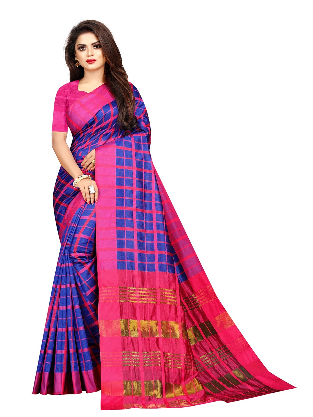 

KALINI Blue & Pink Checked Zari Silk Blend Saree