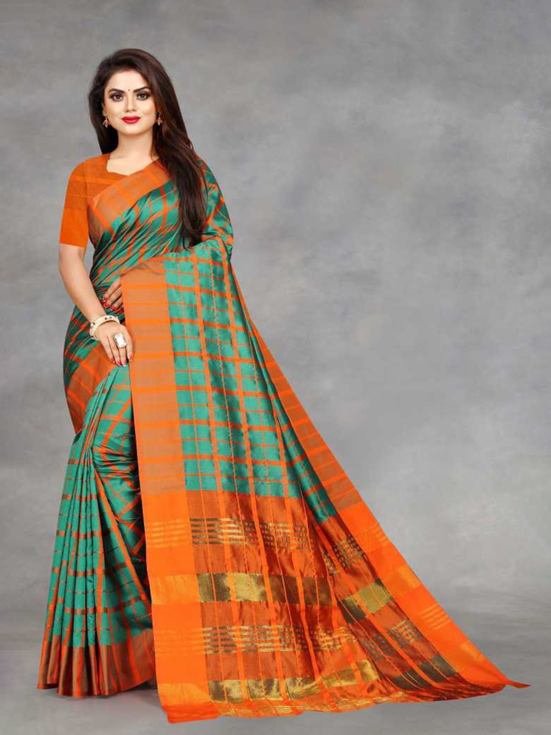 

KALINI Green & Orange Checked Silk Blend Saree