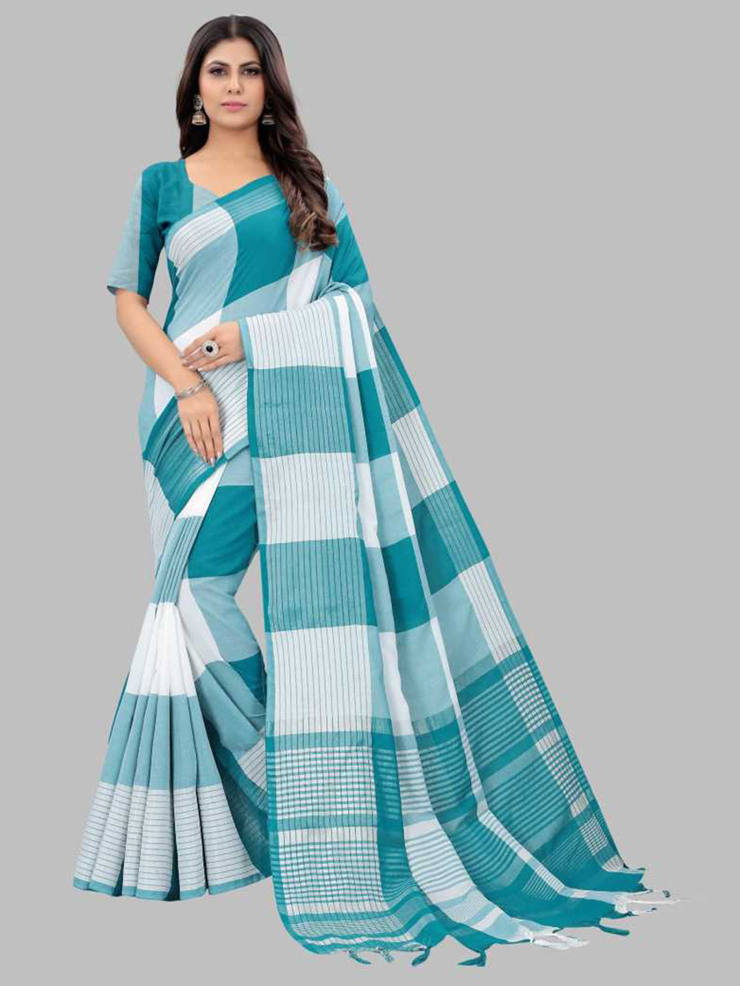 

KALINI Blue & White Checked Silk Blend Saree