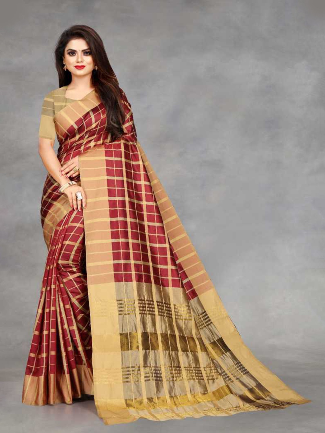 

KALINI Maroon & Gold-Toned Checked Silk Blend Saree