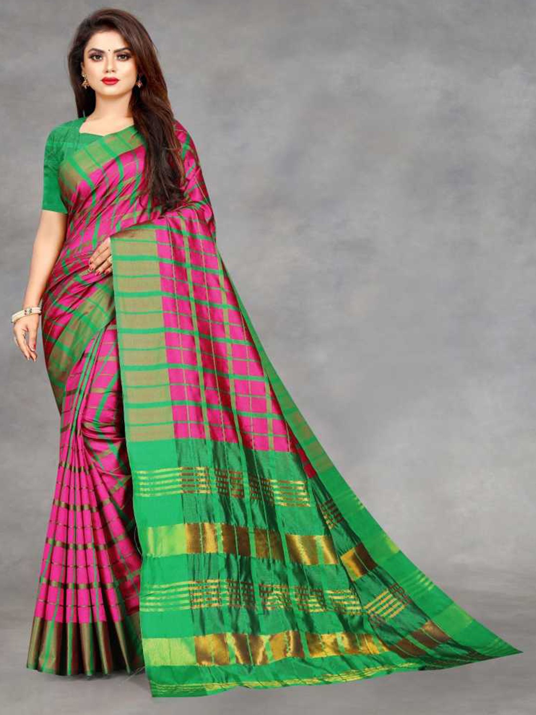 

KALINI Magenta & Green Checked Silk Blend Saree