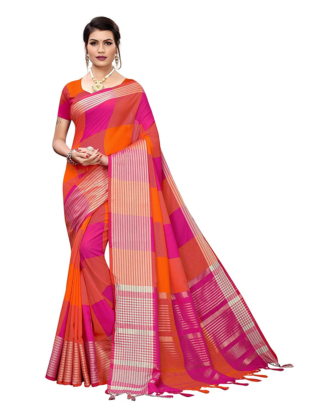 

KALINI Orange & Pink Checked Zari Silk Blend Saree