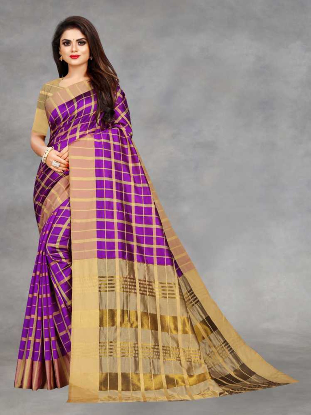 

KALINI Purple & Gold-Toned Checked Silk Blend Saree