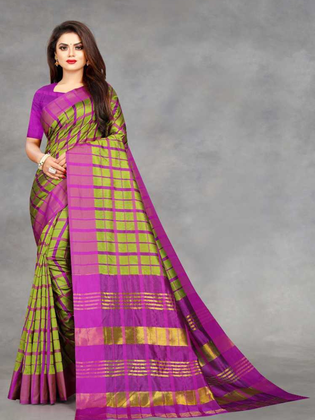 

KALINI Lime Green & Purple Checked Silk Blend Saree