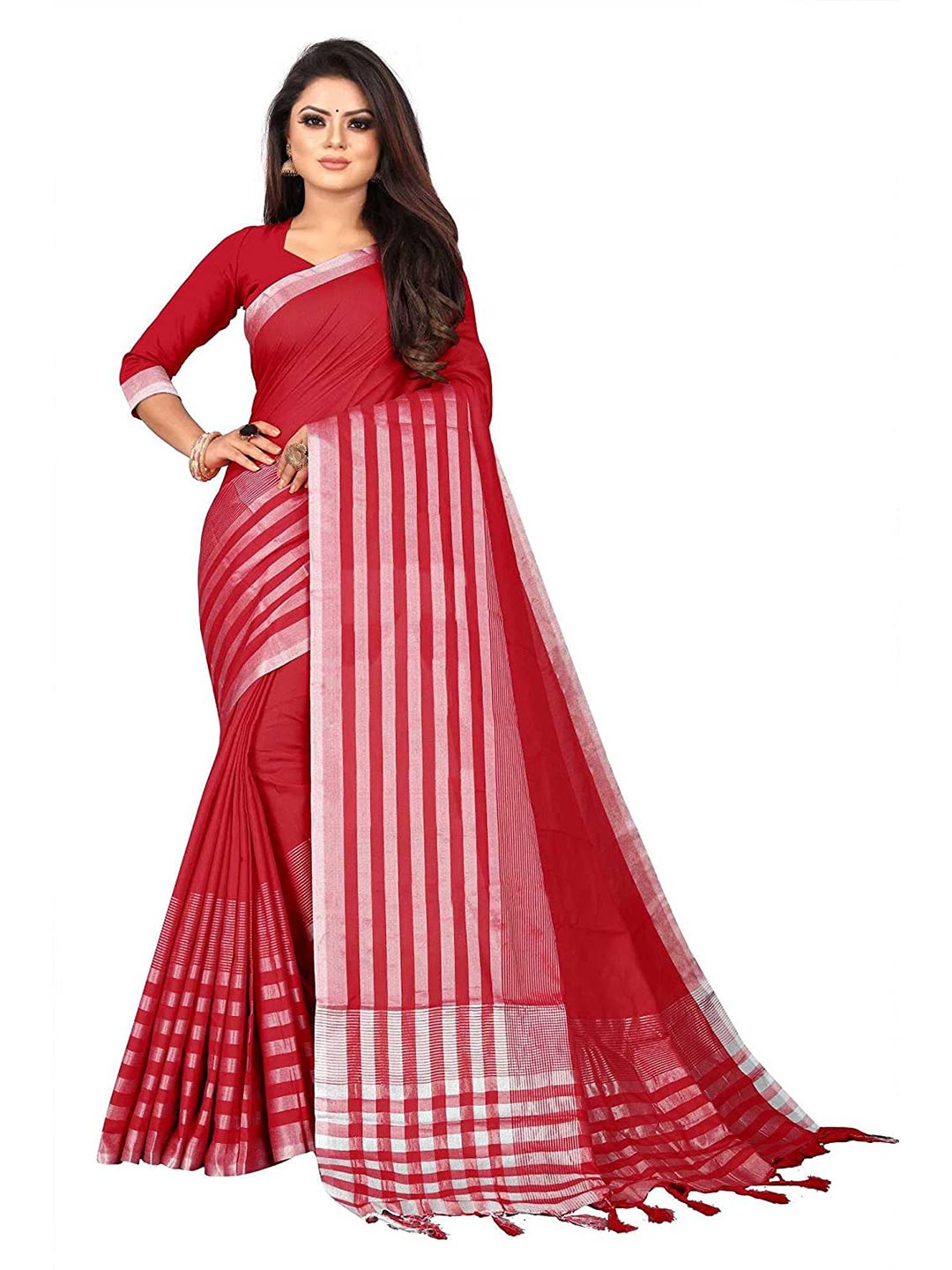 

KALINI Red & Silver-Toned Striped Silk Blend Saree