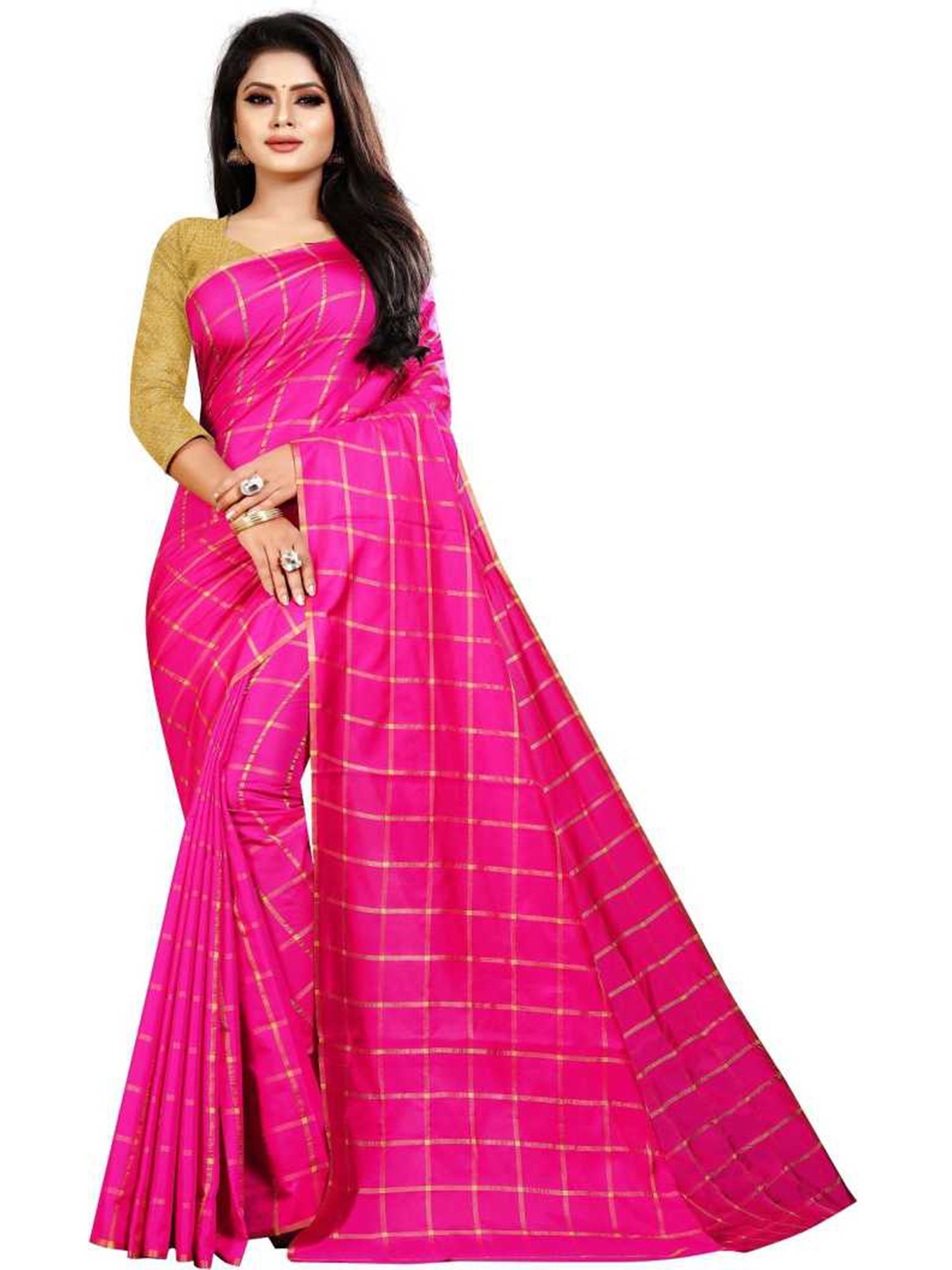 

KALINI Magenta & Gold-Toned Checked Silk Blend Saree