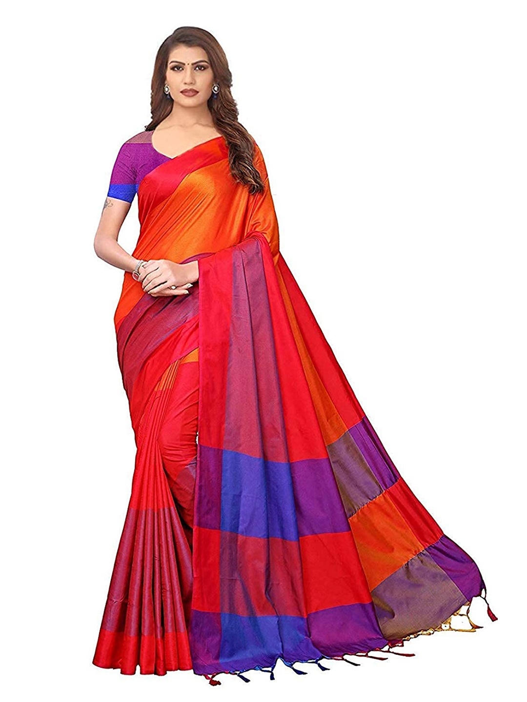 

KALINI Orange & Blue Solid Silk Blend Saree