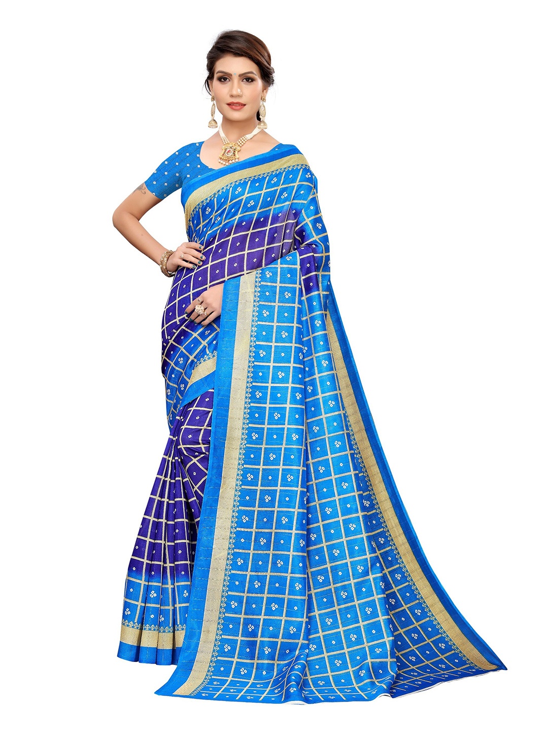 

KALINI Navy Blue & Blue Bandhani Zari Art Silk Saree
