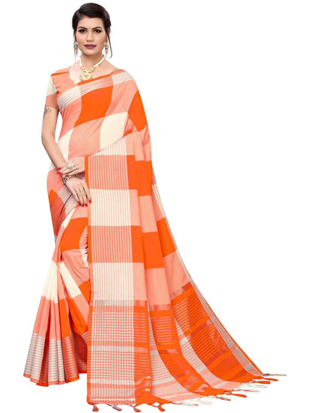 

KALINI Peach-Coloured & Orange Checked Zari Silk Blend Saree