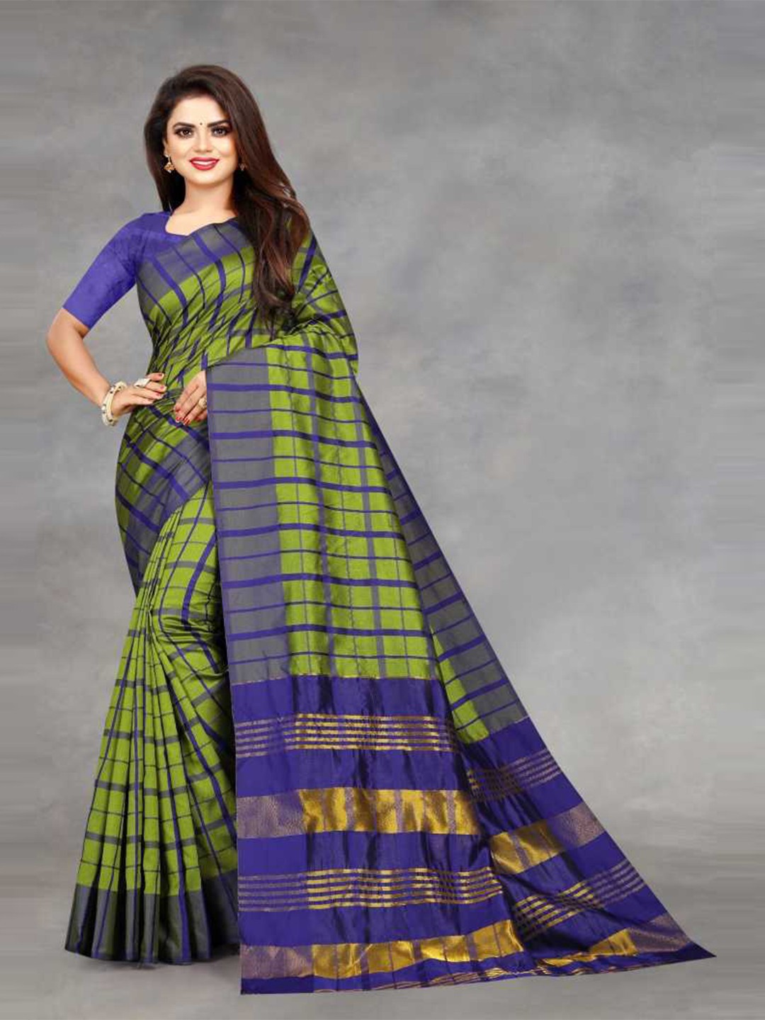 

KALINI Green & Blue Checked Silk Blend Saree