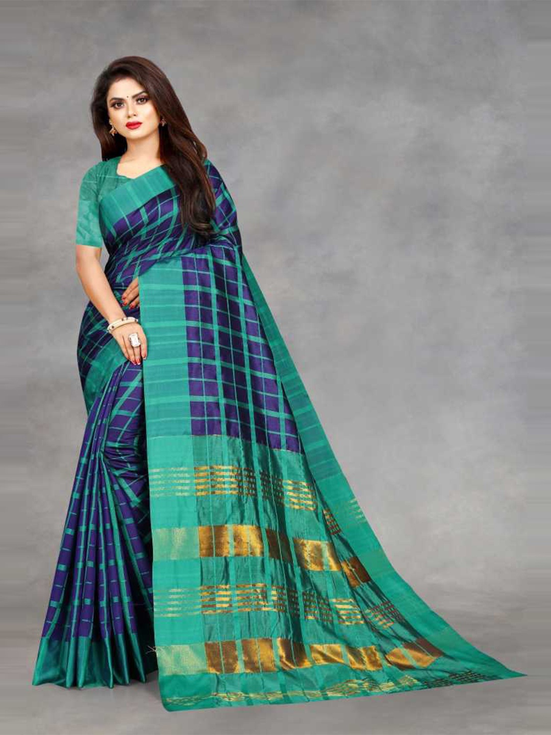 

KALINI Turquoise Blue & Green Checked Silk Blend Saree