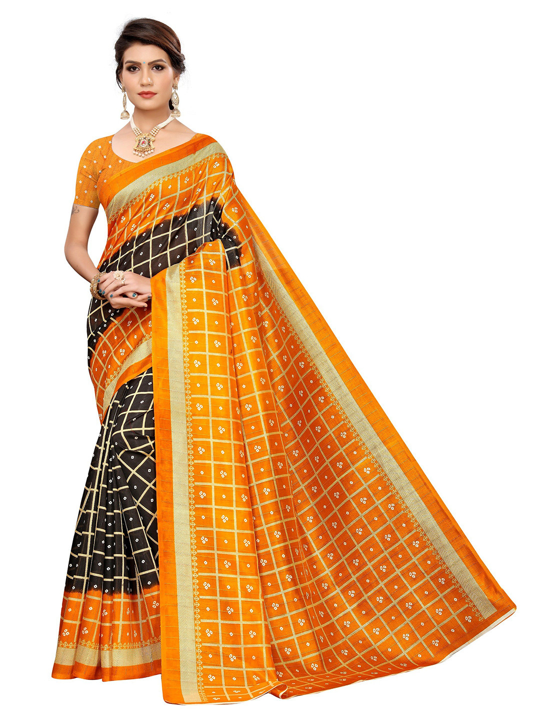 

KALINI Black & Orange Bandhani Zari Art Silk Saree