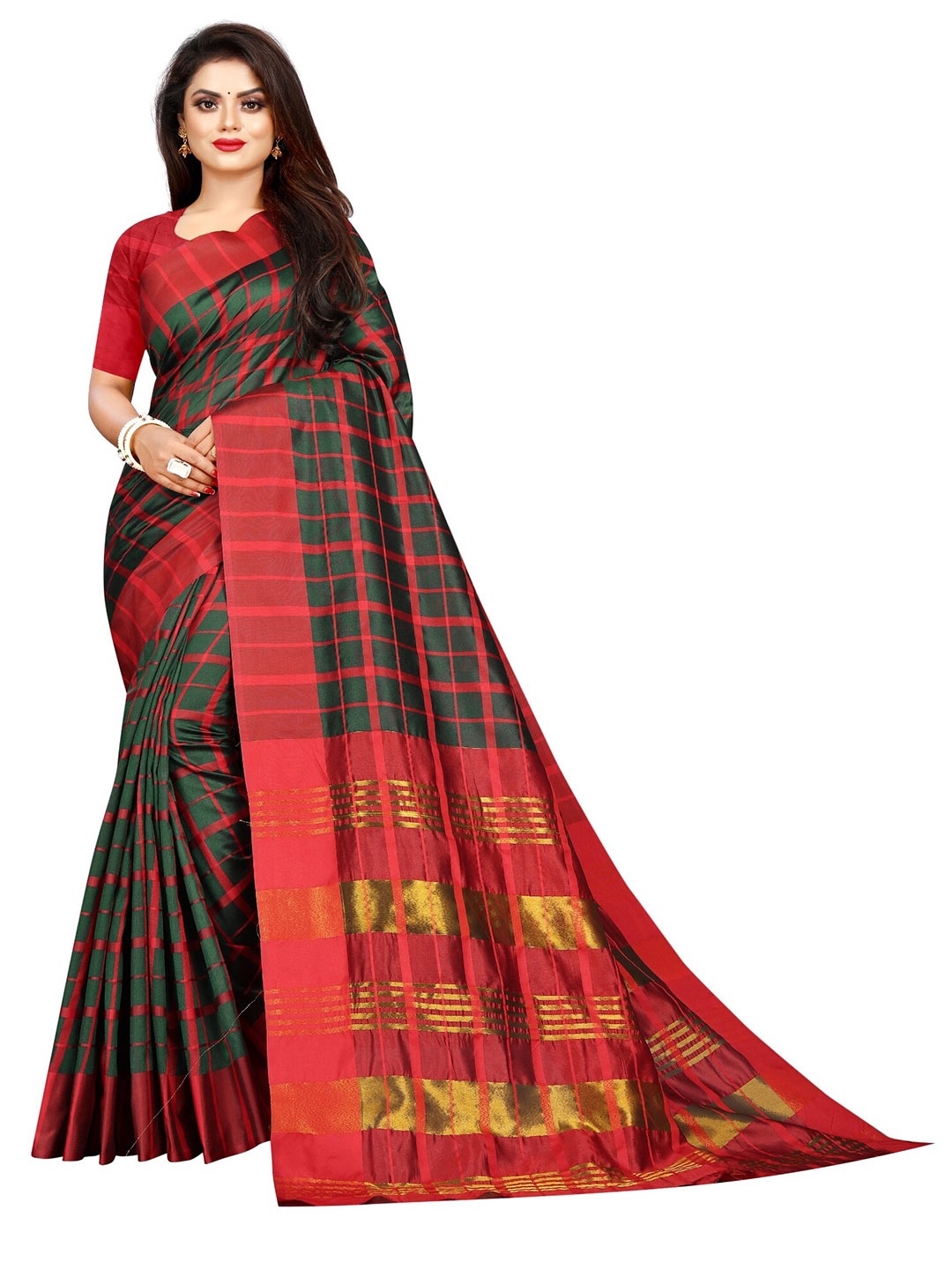

KALINI Green & Red Checked Zari Silk Blend Saree