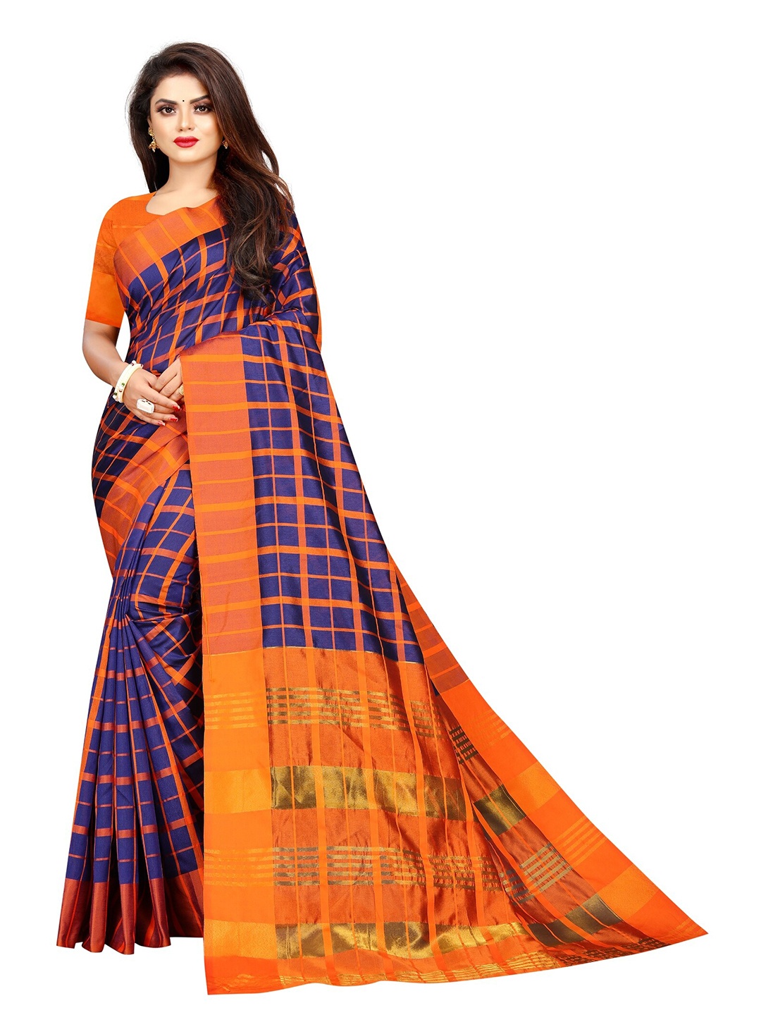 

KALINI Navy Blue & Orange Checked Silk Blend Saree