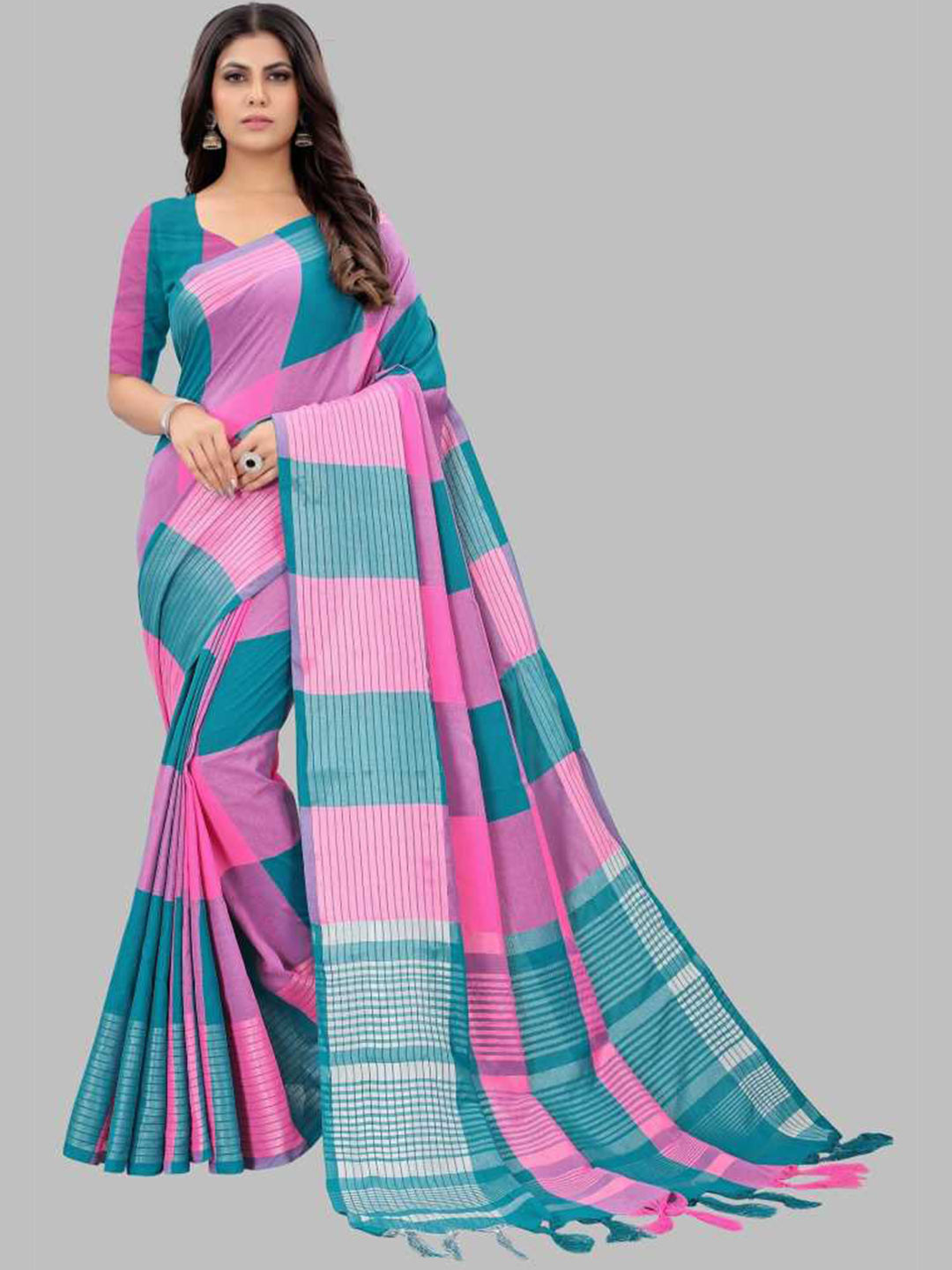 

KALINI Green & Pink Checked Silk Blend Saree
