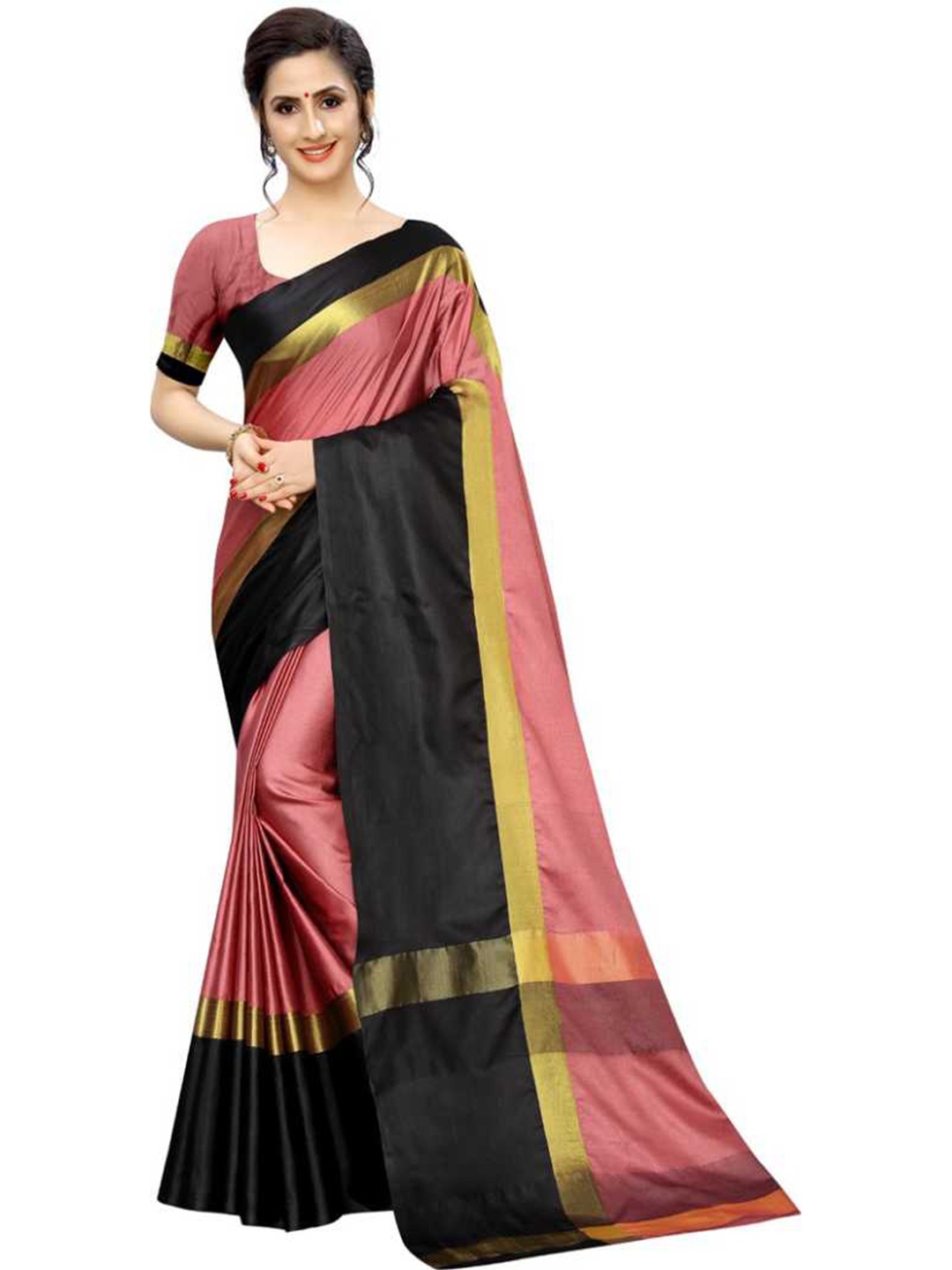 

KALINI Peach-Coloured & Black Colourblocked Zari Silk Blend Saree