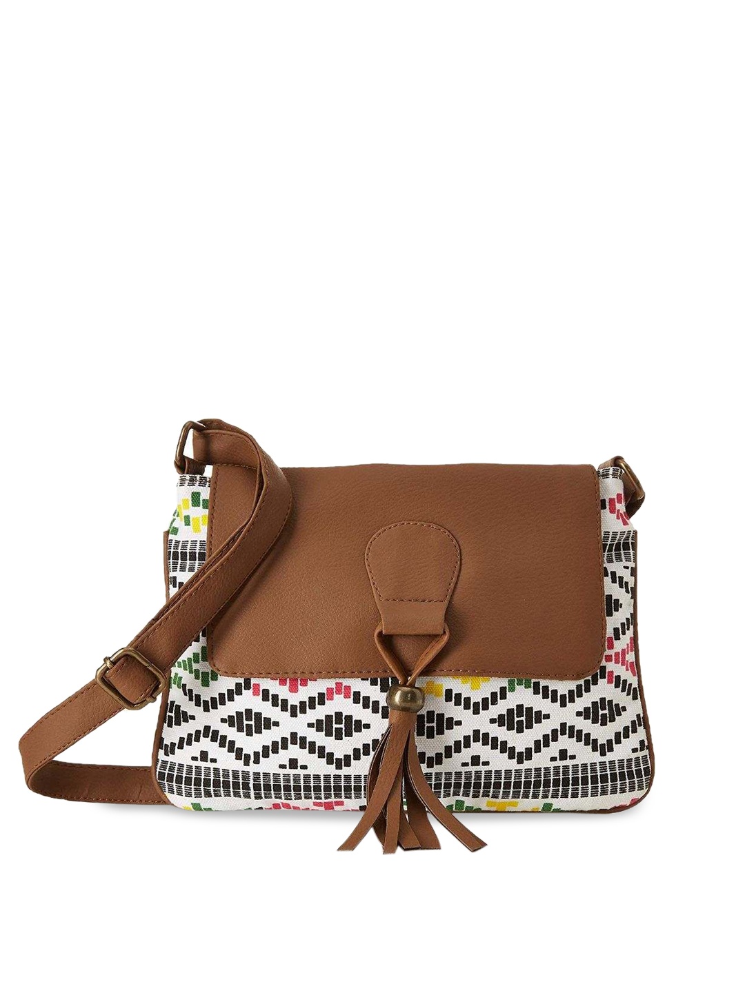

Kanvas Katha Multicoloured Geometric Printed Bowling Sling Bag with Tasselled, Tan