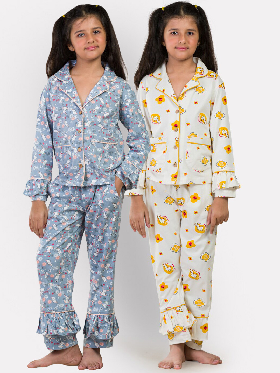 

Growing Tree Girls Pack of 2 Grey & White Graphic Printed Pure Cotton Night Suit