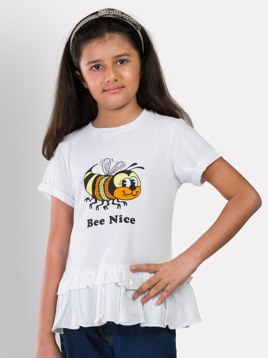 

Growing Tree Girls White Printed Pure Cotton Peplum Top