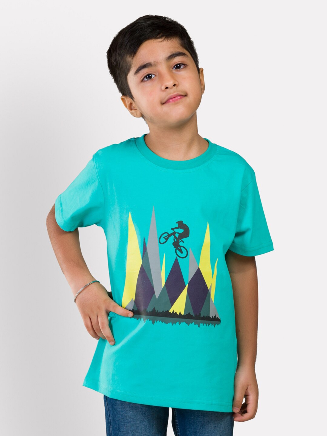 

Growing Tree Kids Blue Printed Raw Edge Outdoor T-shirt, Turquoise blue