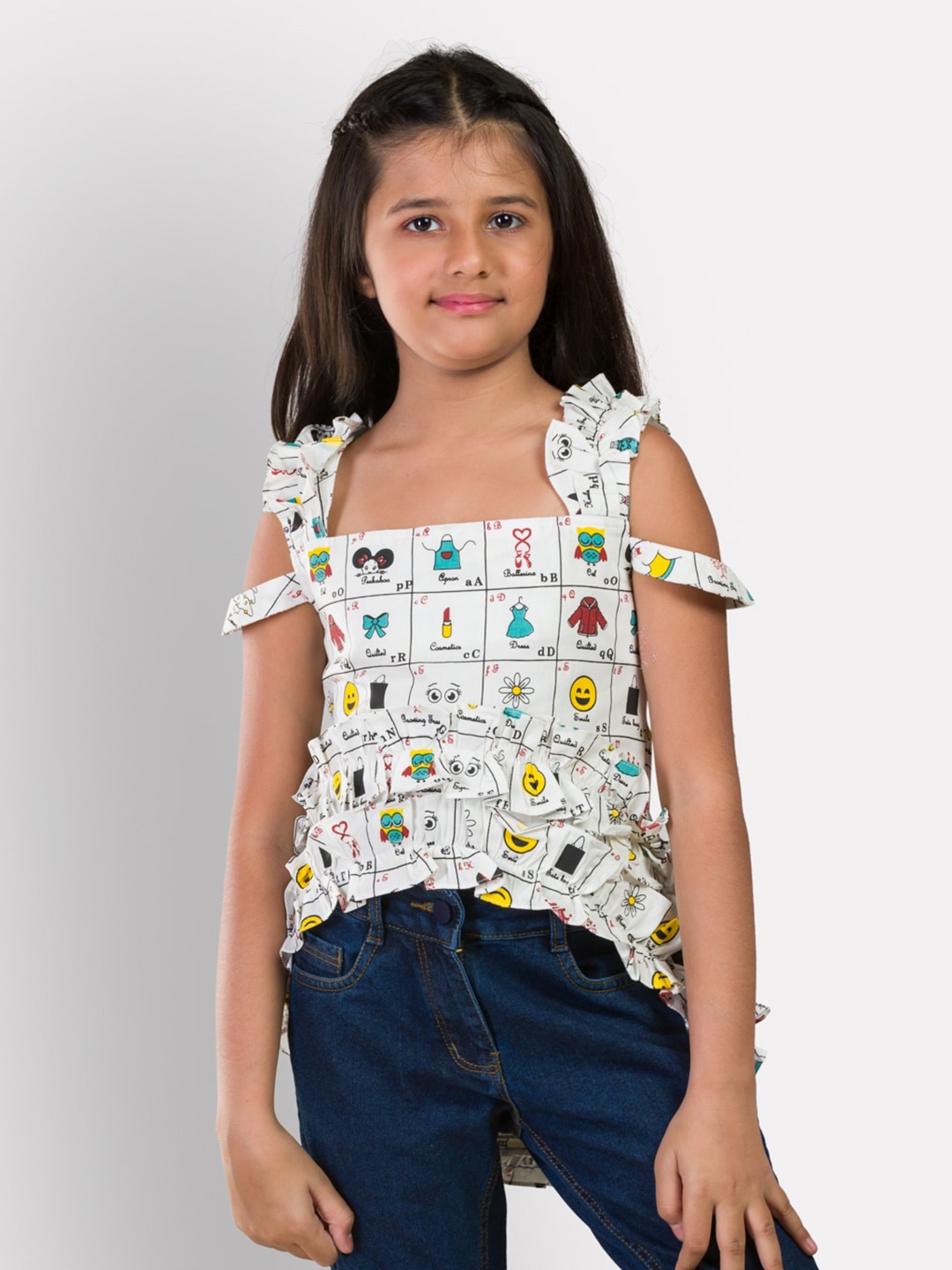 

Growing Tree Girls White Print Cold-Shoulder Sleeves High-Low Top