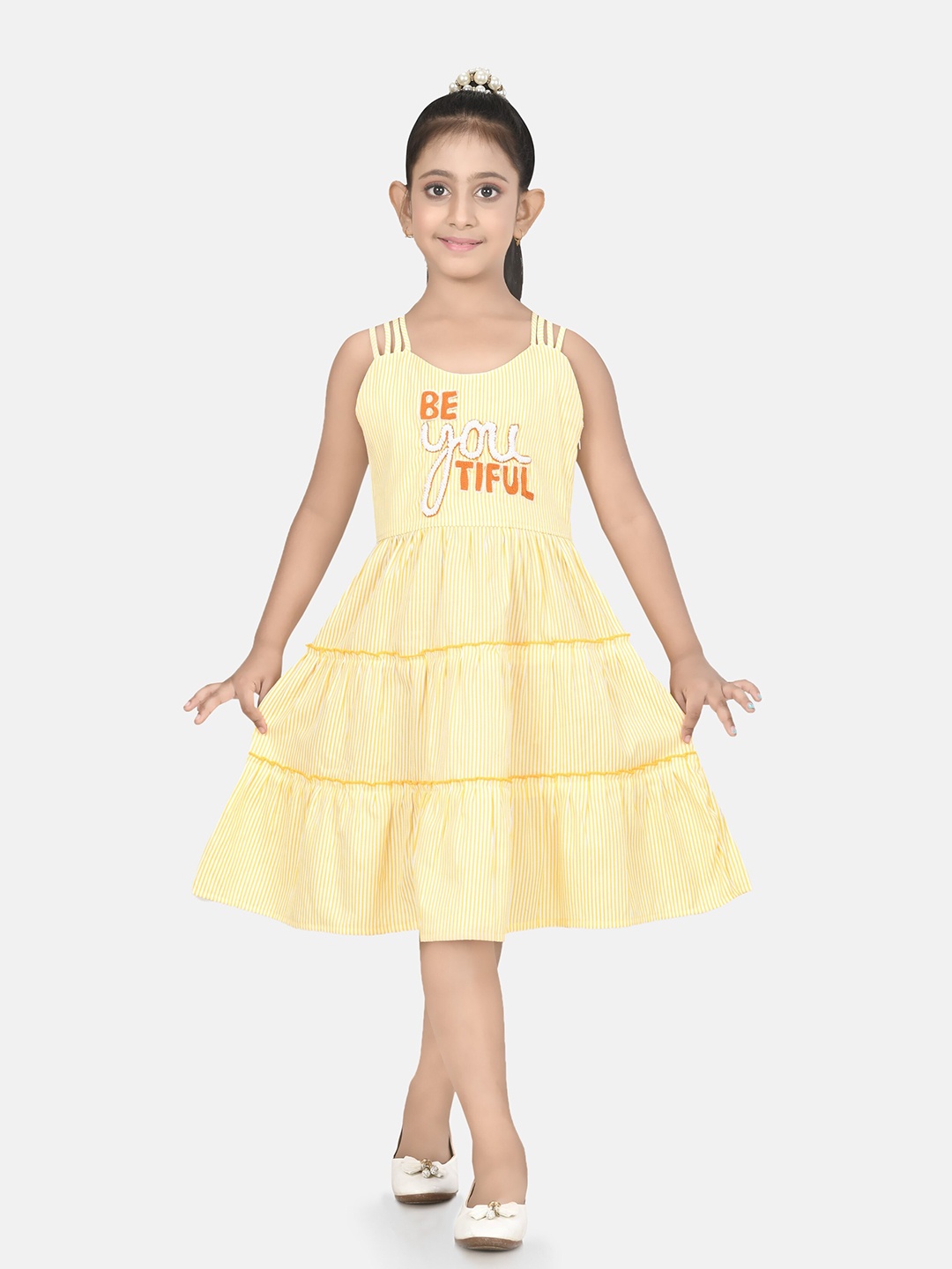 

Growing Tree Girls Yellow Striped Embroidered A-Line Dress
