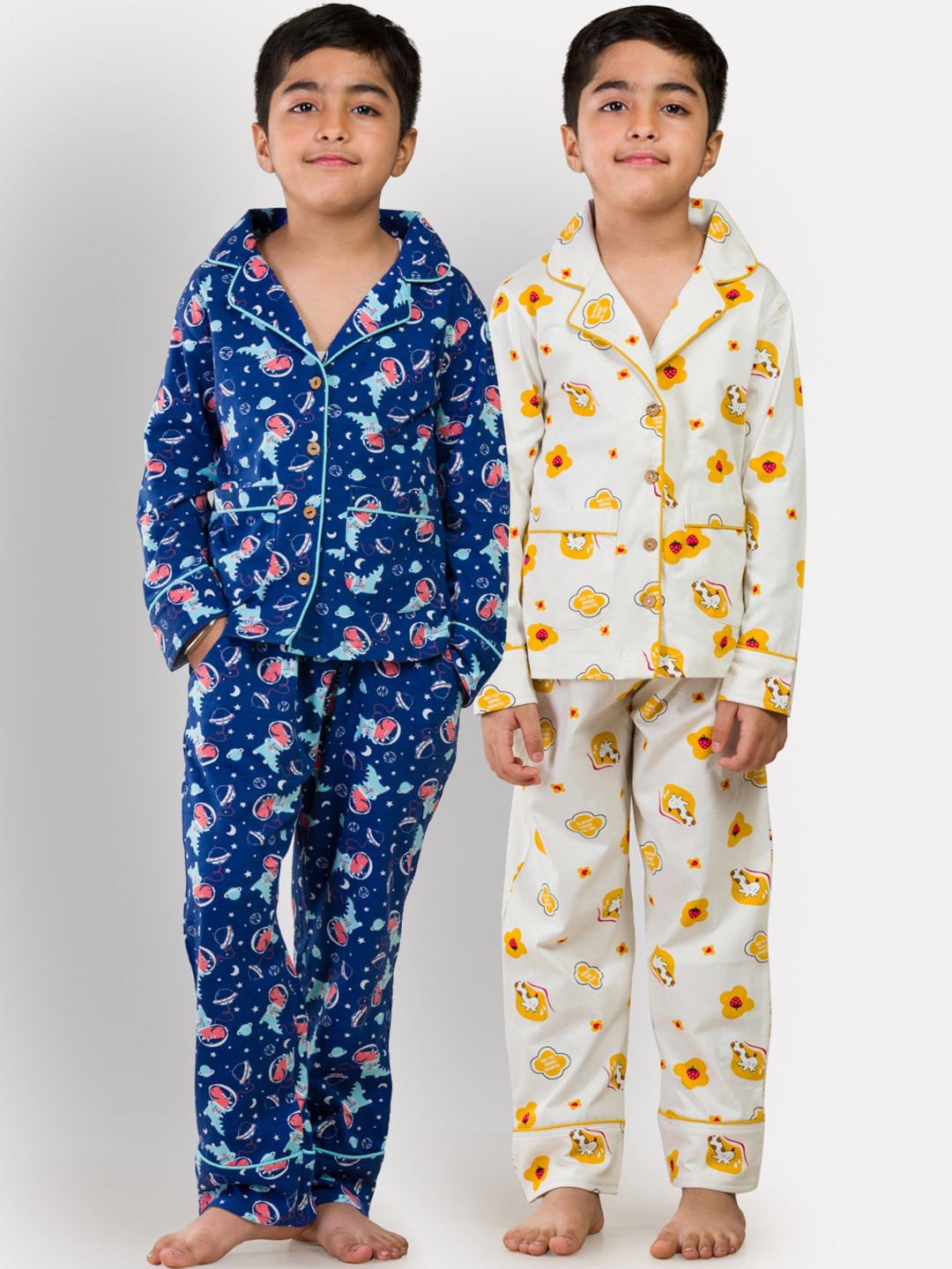 

Growing Tree Unisex Kids Set of 2 Blue & White Printed Pure Cotton Night suit