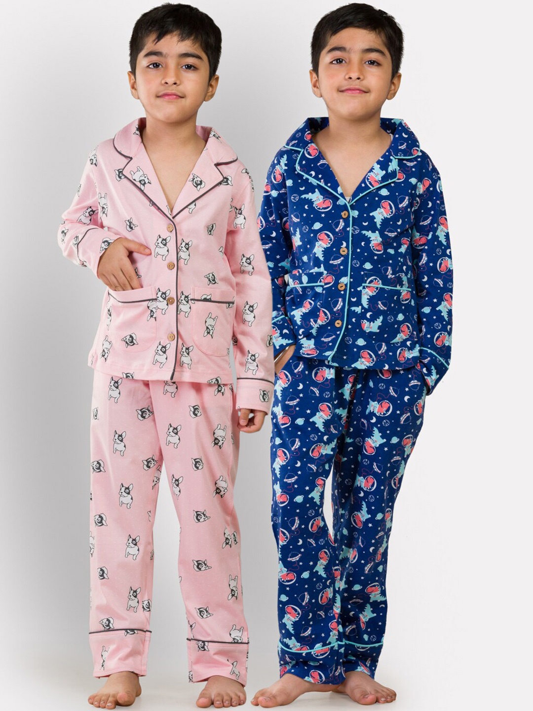

Growing Tree Unisex Kids Pack Of 2 Pink & Blue Printed Cotton Night suit