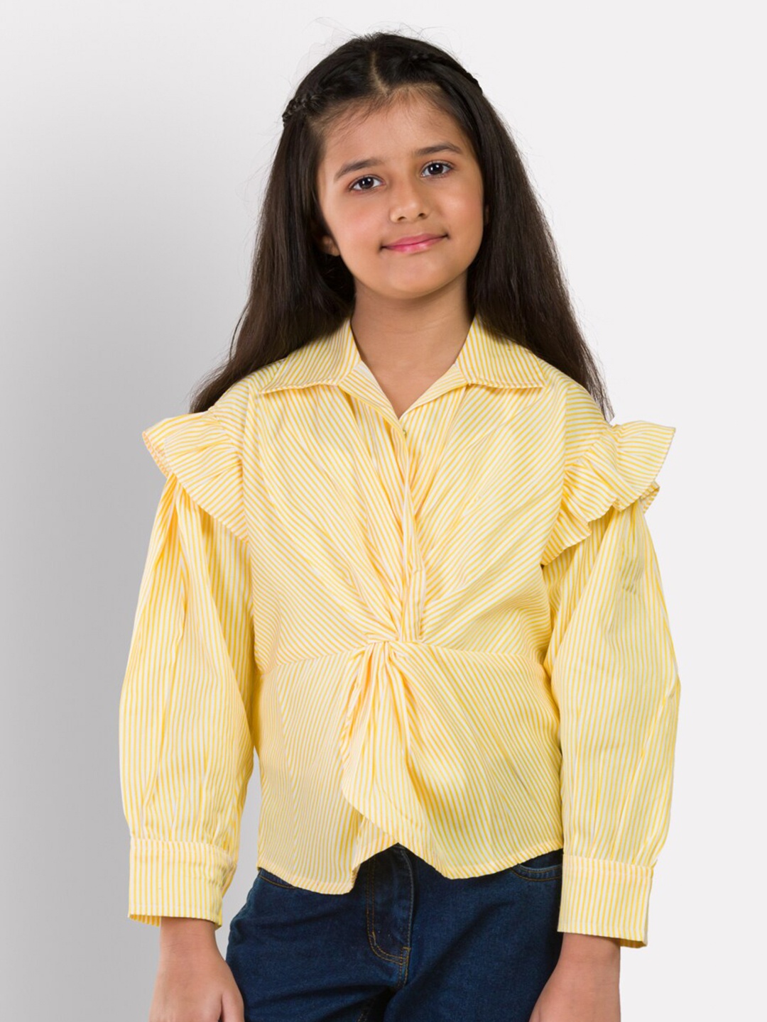 

Growing Tree Yellow Twisted Pure Cotton Shirt Style Top