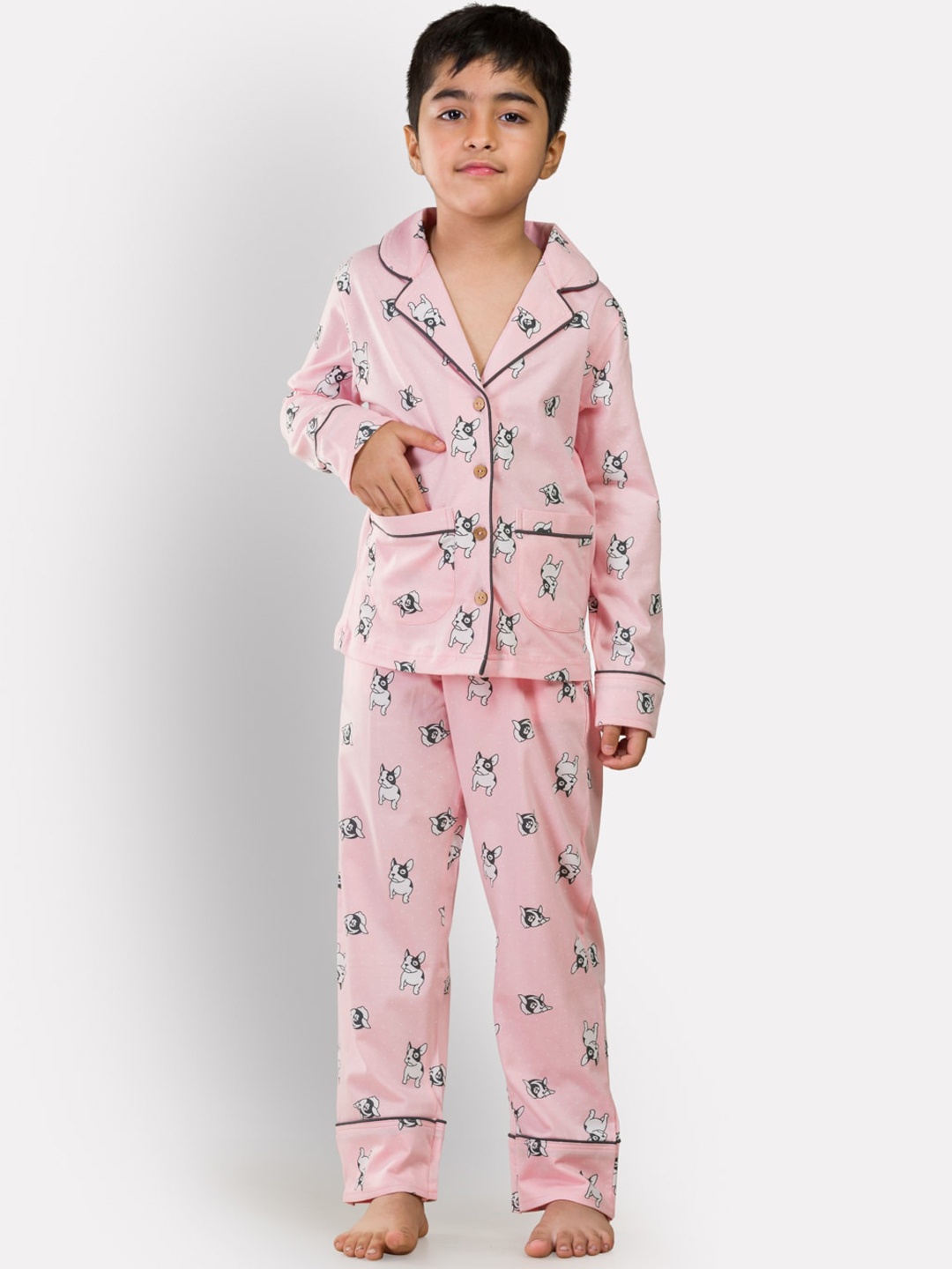 

Growing Tree Kids Pink & White Printed Pure Cotton Night suit