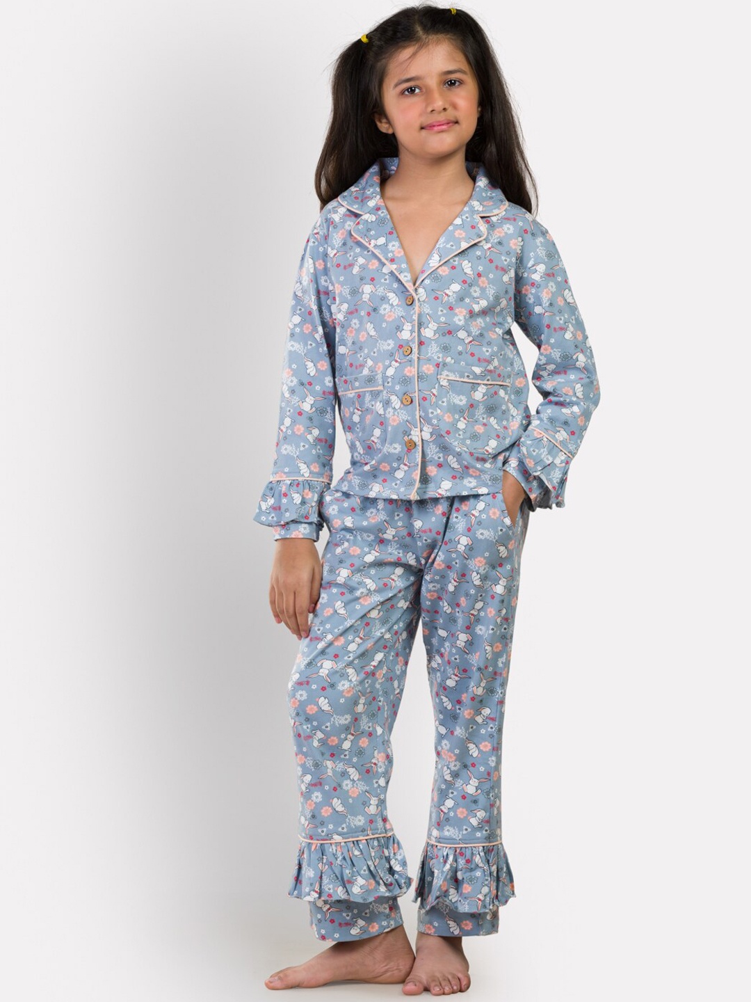 

Growing Tree Girls Grey & White Printed Cotton Night Suit