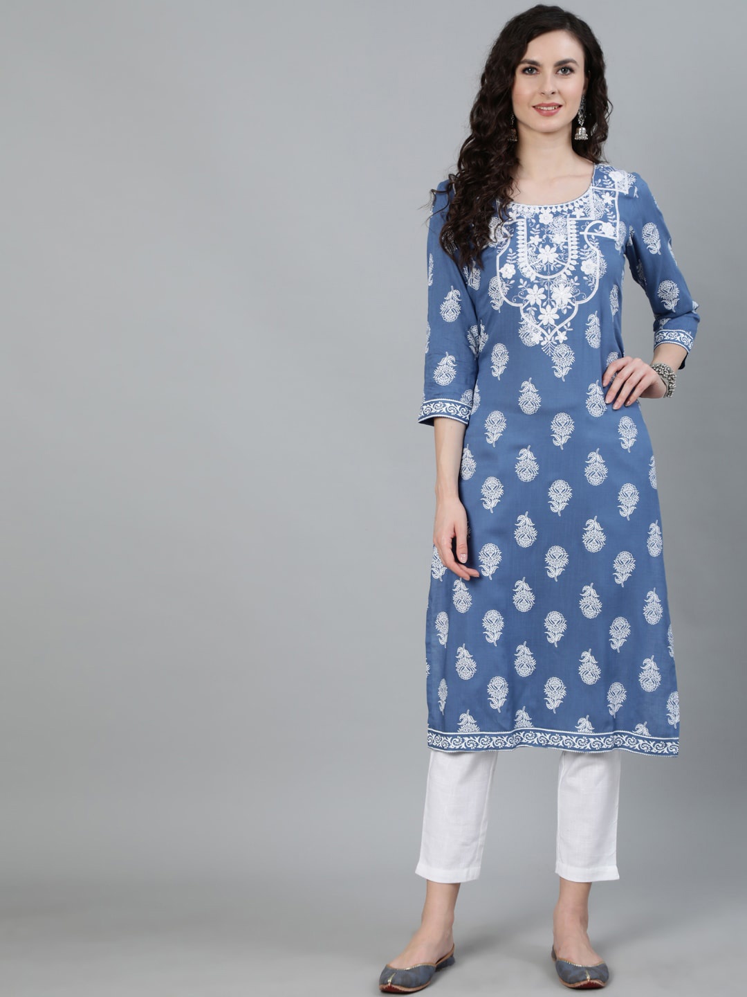 

Jaipur Kurti Heavy Embroidered Khadi Print Straight Kurta, Blue