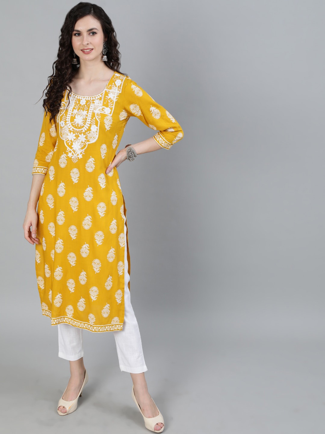 

Jaipur Kurti Women Mustard Yellow Paisley Printed Thread Work Kurta