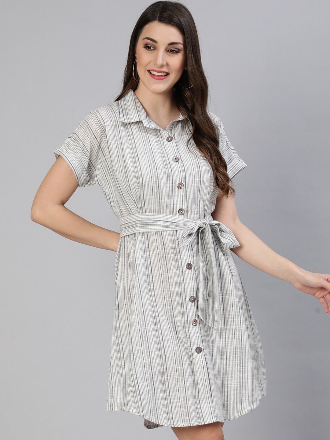 

Jaipur Kurti Women White & Black Striped Shirt Dress