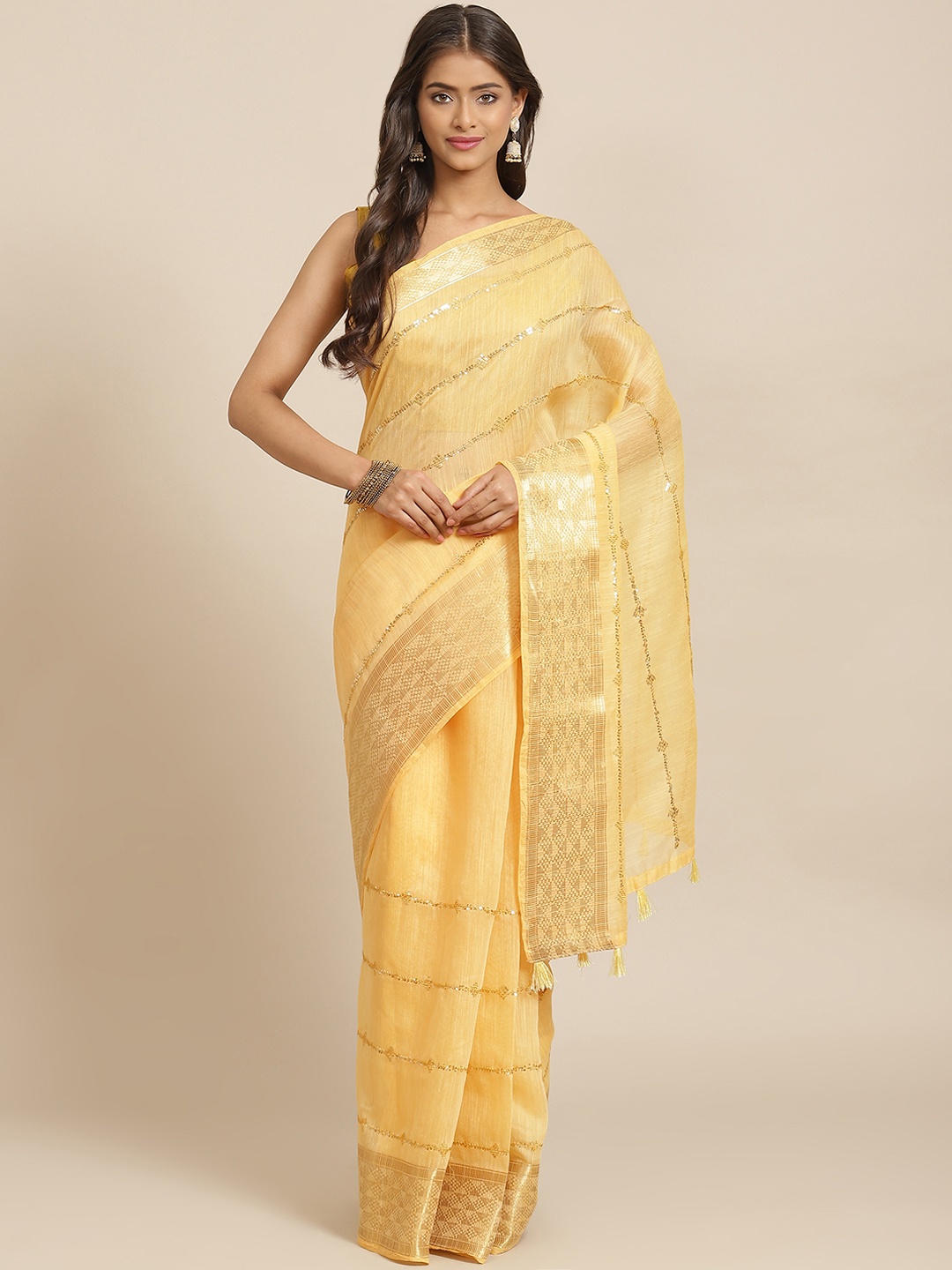 

Sangria Yellow & Golden Striped Saree