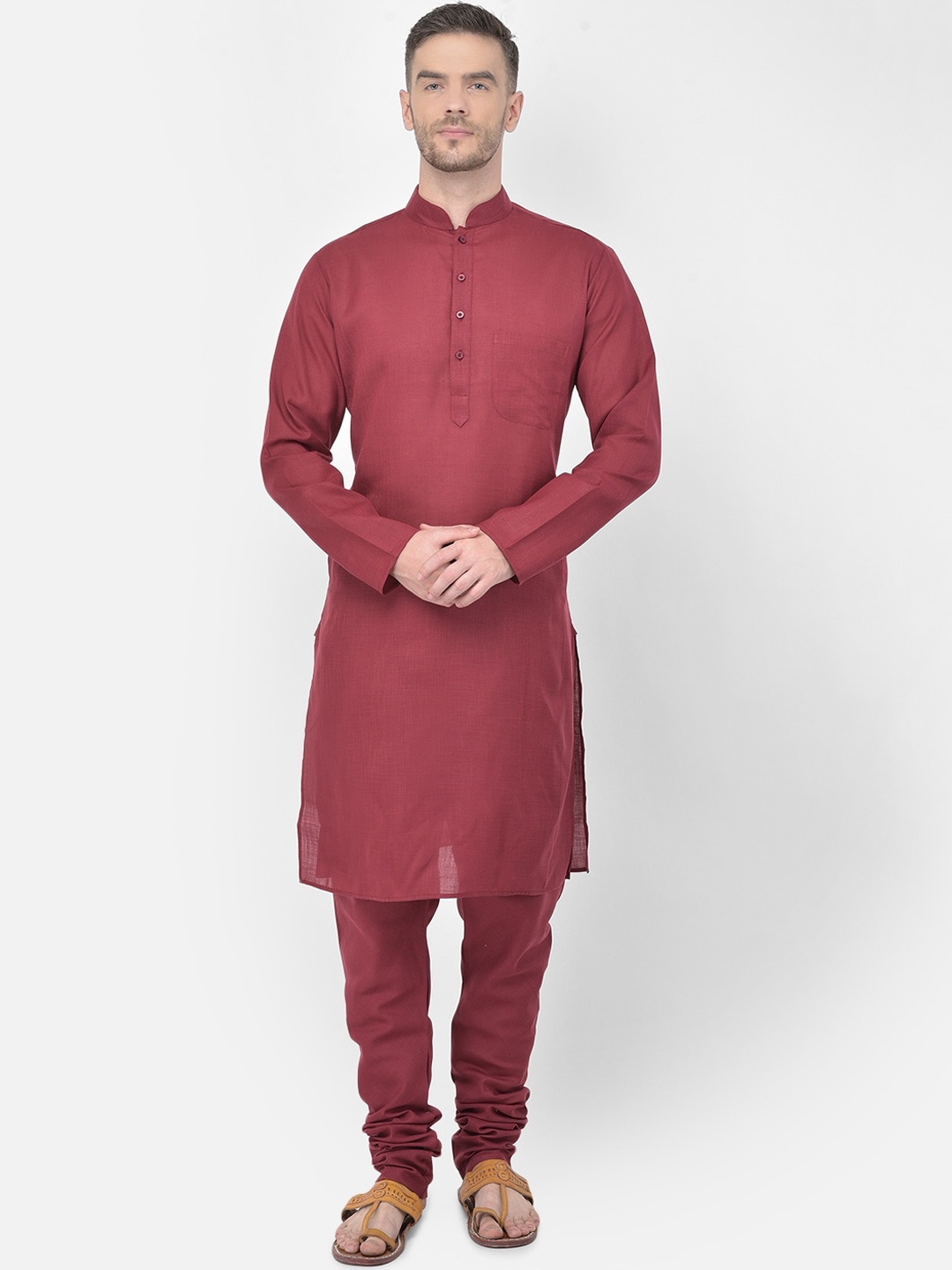 

SG LEMAN Men Maroon Pure Cotton Kurta with Churidar