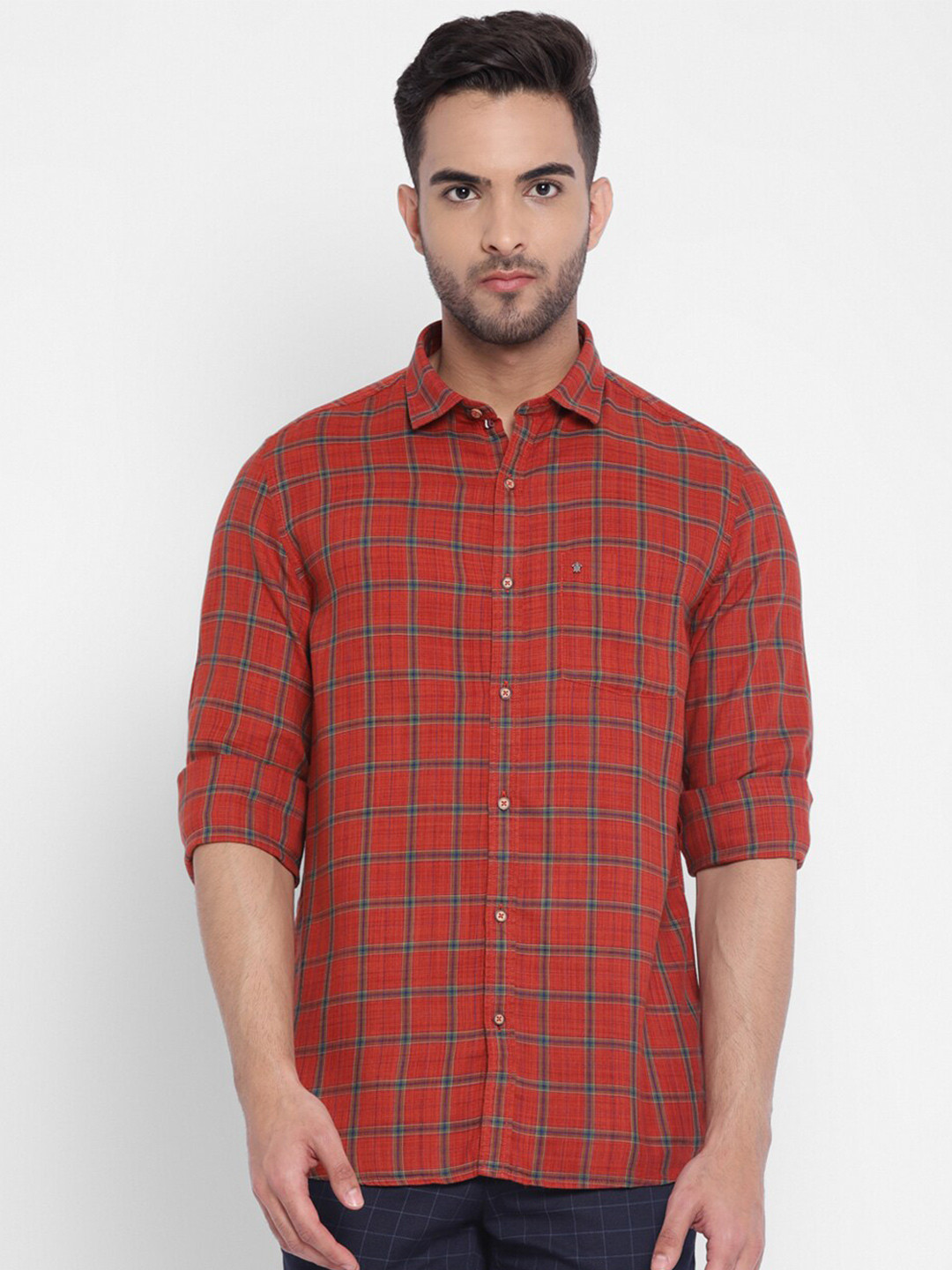 

Turtle Men Red Slim Fit Tartan Checks Checked Casual Shirt