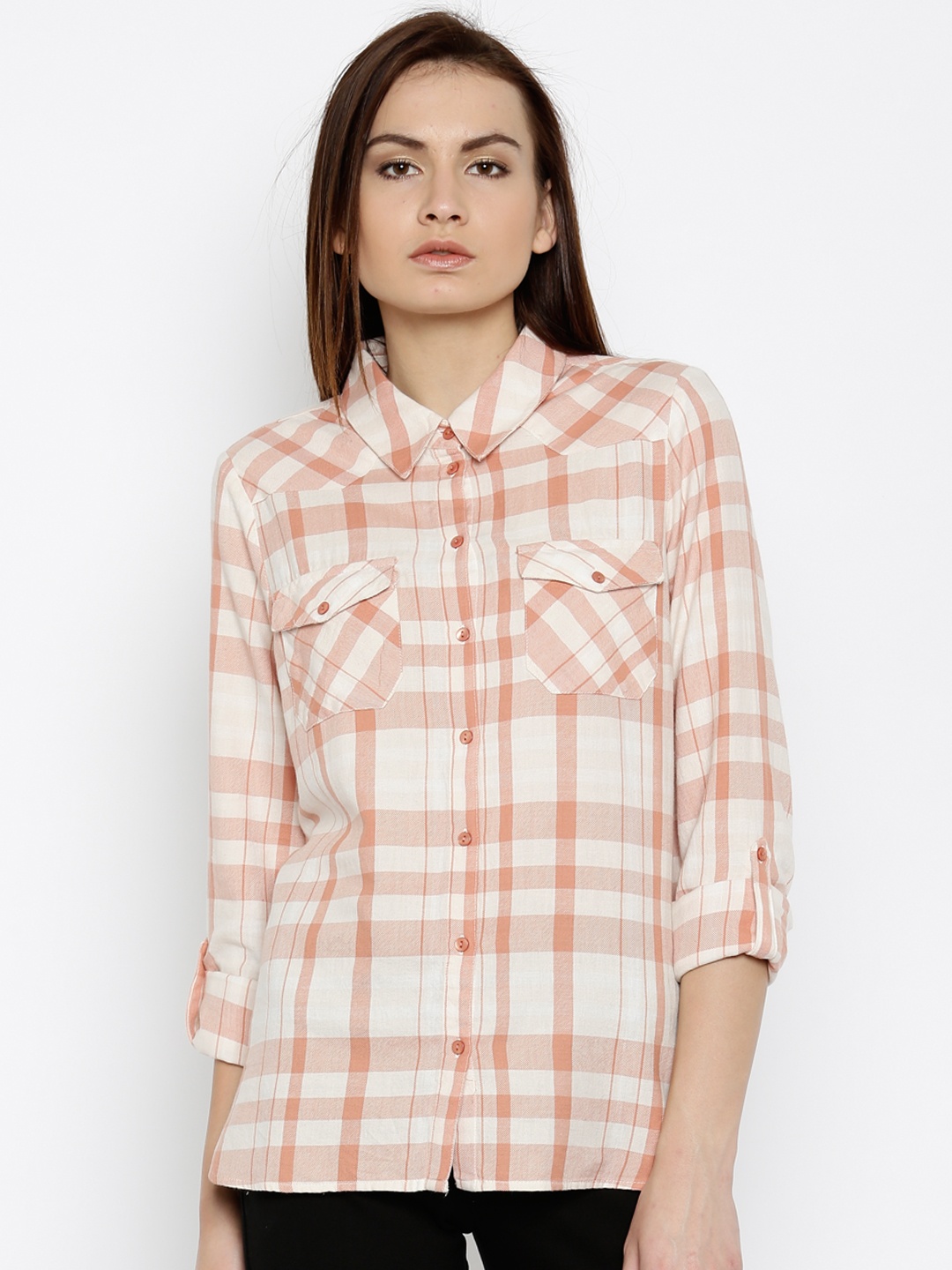 

Vero Moda Women Peach & Off-White Regular Fit Checked Casual Shirt