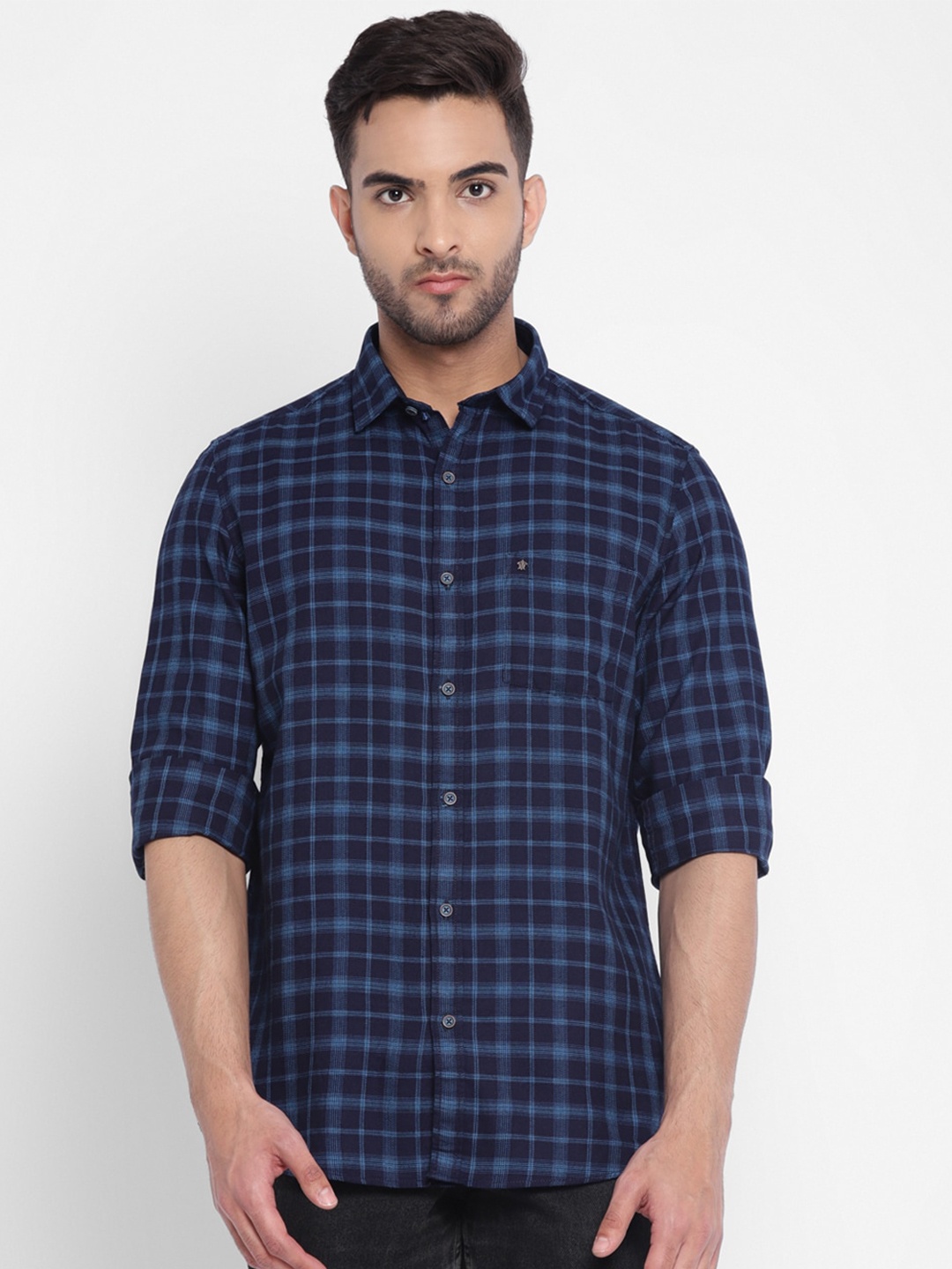 

Turtle Men Navy Blue Slim Fit Tartan Checks Checked Cotton Casual Shirt