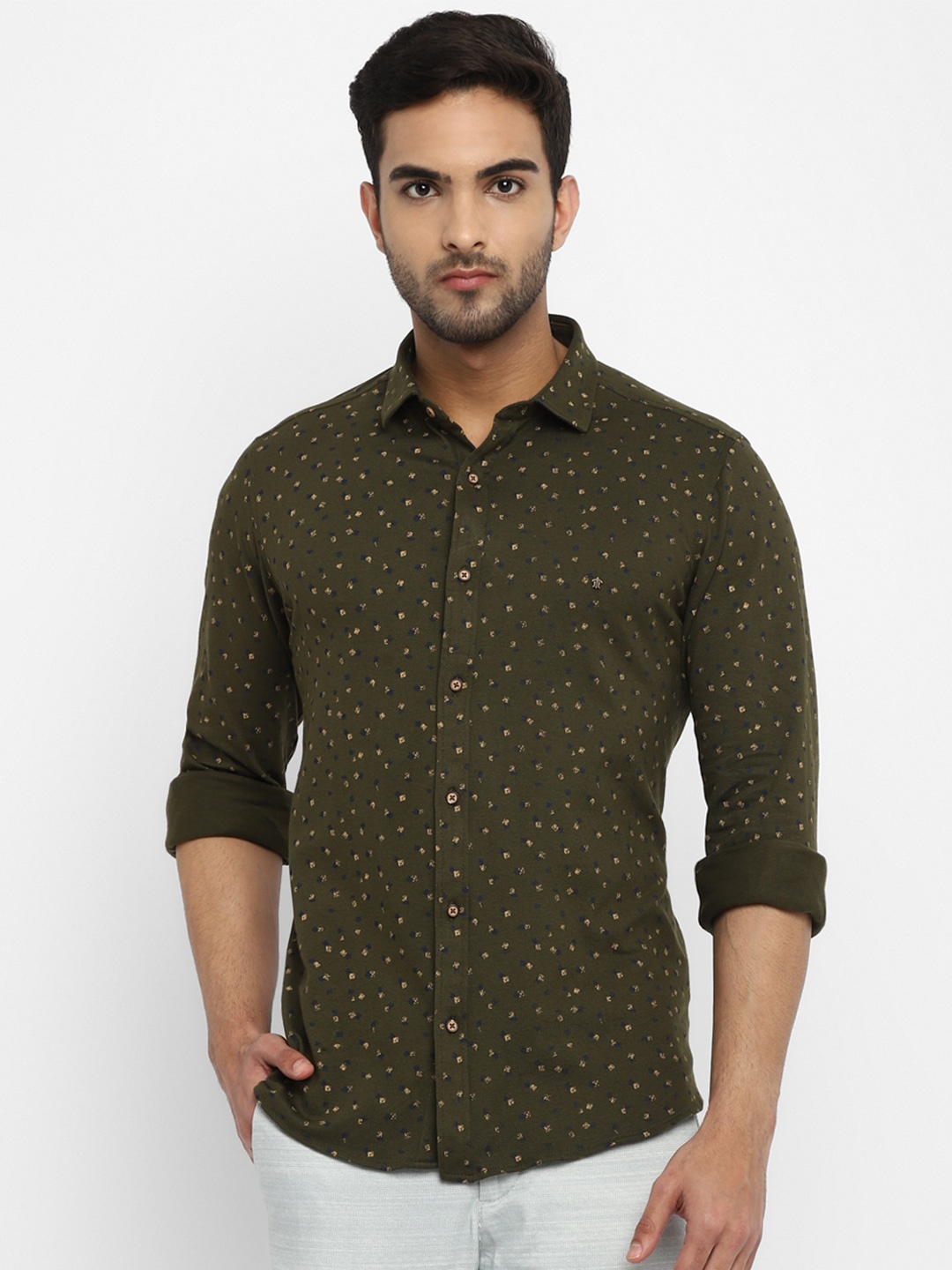 

Turtle Men Olive Green Skinny Fit Micro Ditsy Printed Cotton Casual Shirt