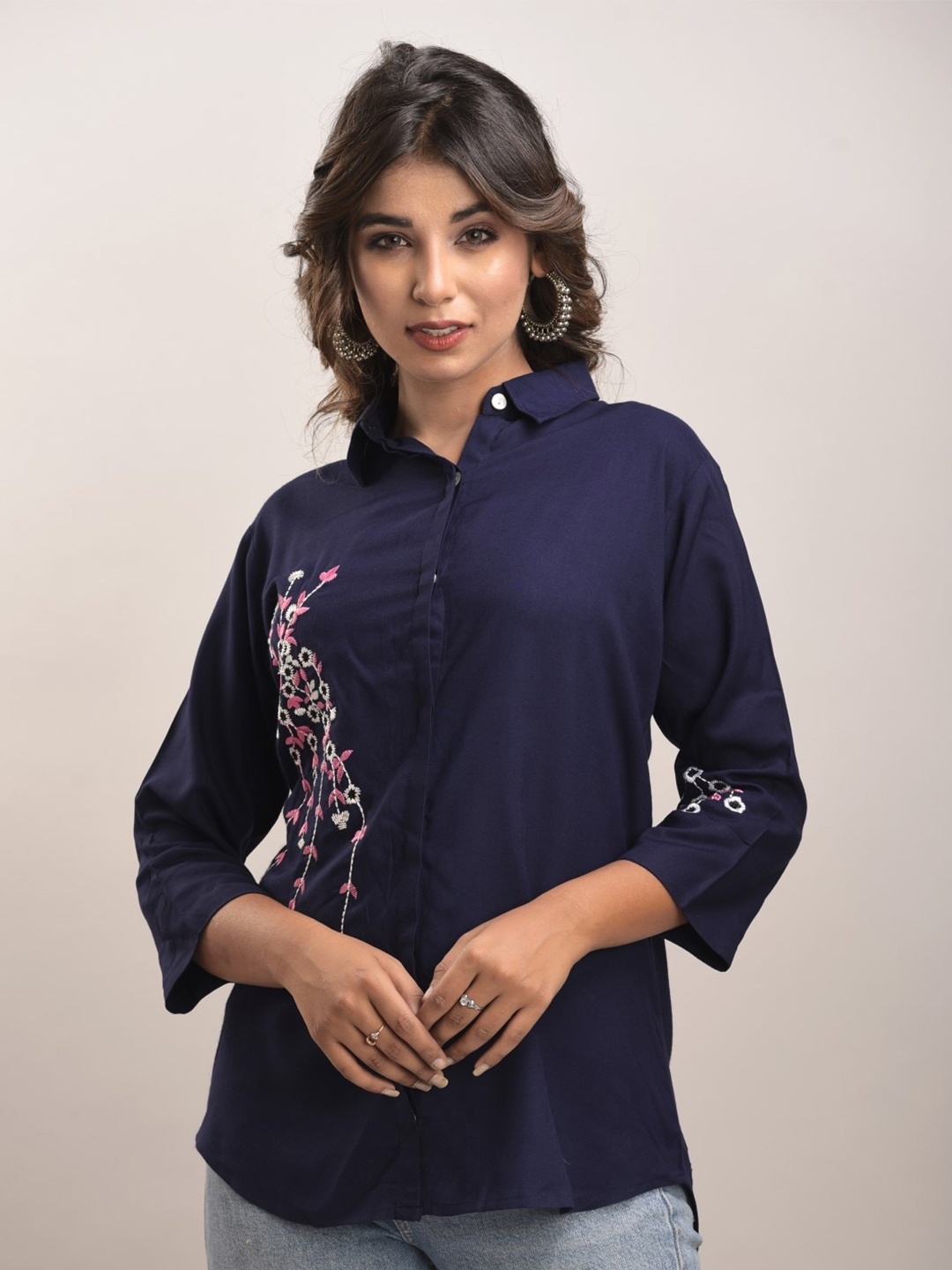 

Senyora Navy Blue & Pink Embroidered Cotton Shirt Style Top