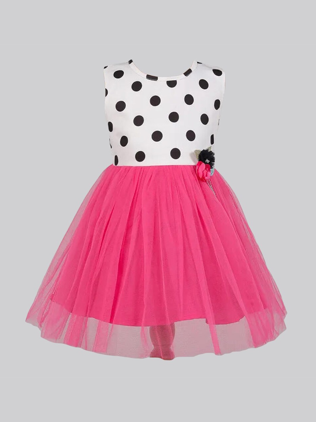 

The Magic Wand Girls Fuchsia & White Polka Dot Printed Fit & Flare Net Dress