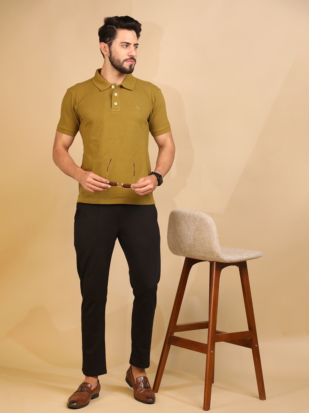 

Chkokko Men Olive Green Solid Green Polo Collar Cotton Outdoor T-shirt