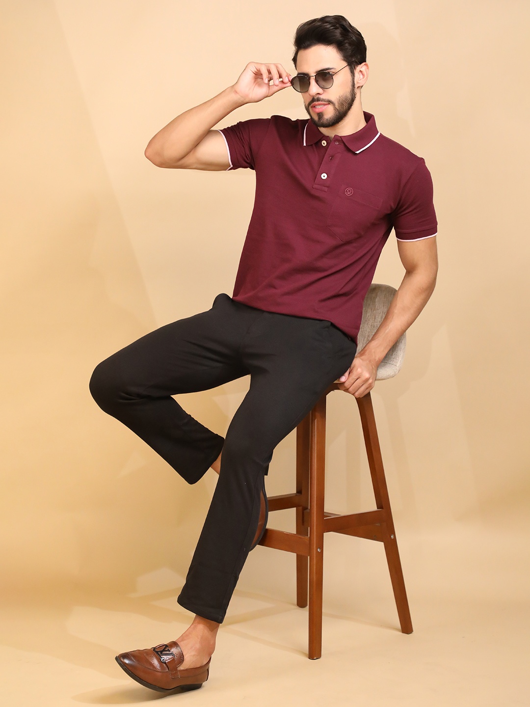 

CHKOKKO Men Maroon Solid Polo Collar Cotton Outdoor T-shirt