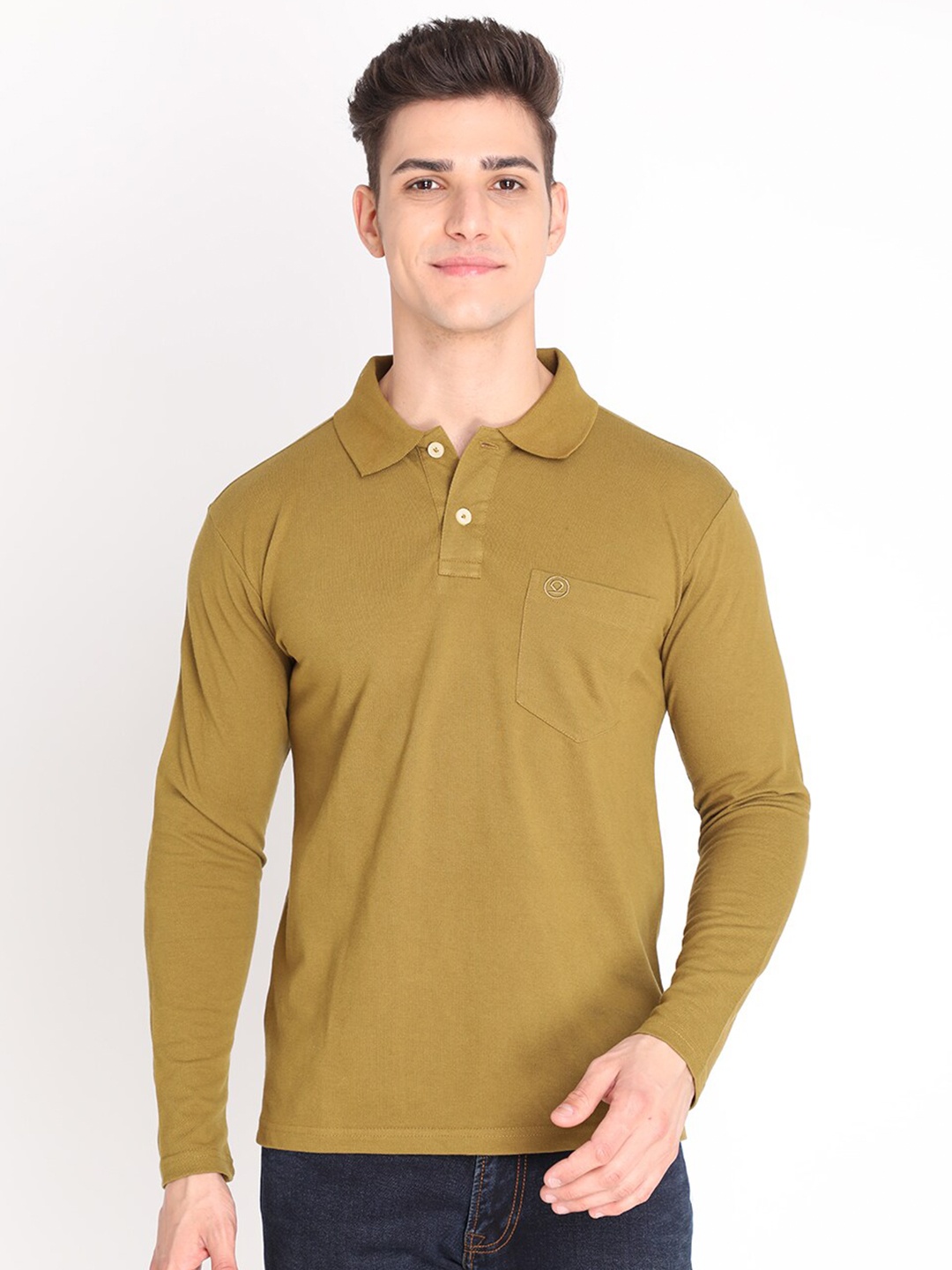 

Chkokko Men Olive Green Solid Polo Collar Cotton Regular Fit Outdoor T-shirt