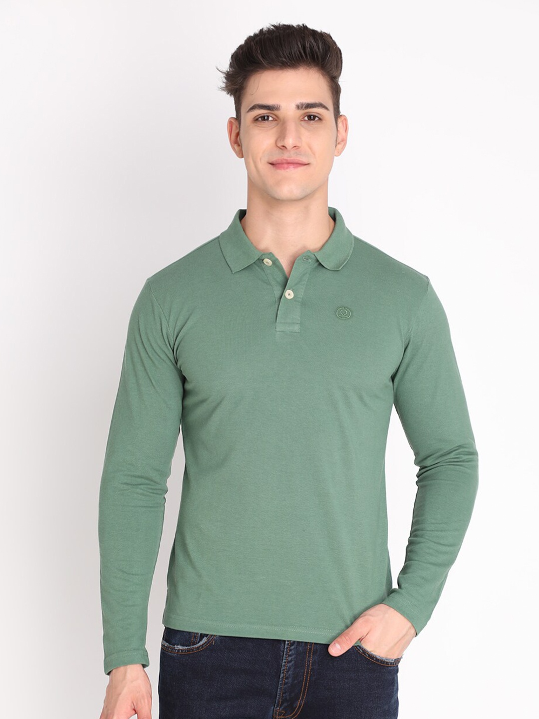 

CHKOKKO Men Green Solid Polo Collar Cotton Regular Fit Outdoor T-shirt