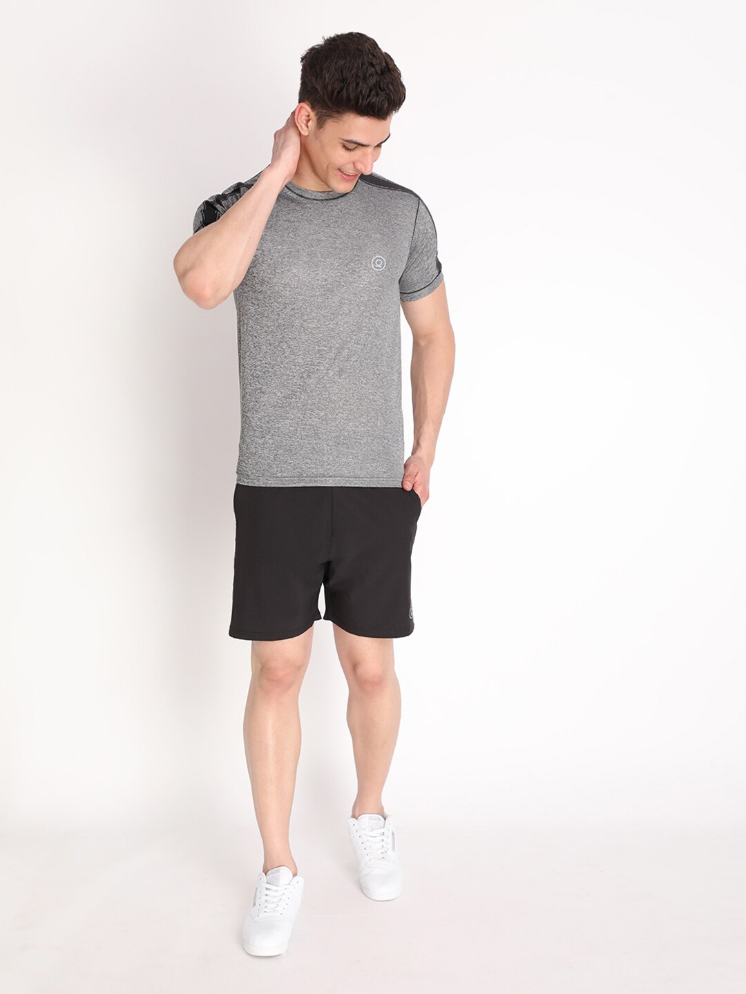 

CHKOKKO Men Grey & Black Sports T-shirt with Shorts