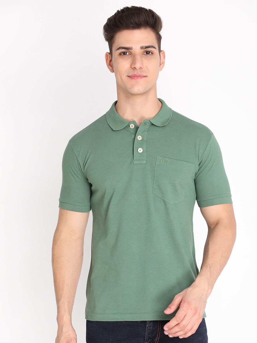 

CHKOKKO Men Green Solid Polo Collar Regular Fit Cotton Outdoor T-shirt