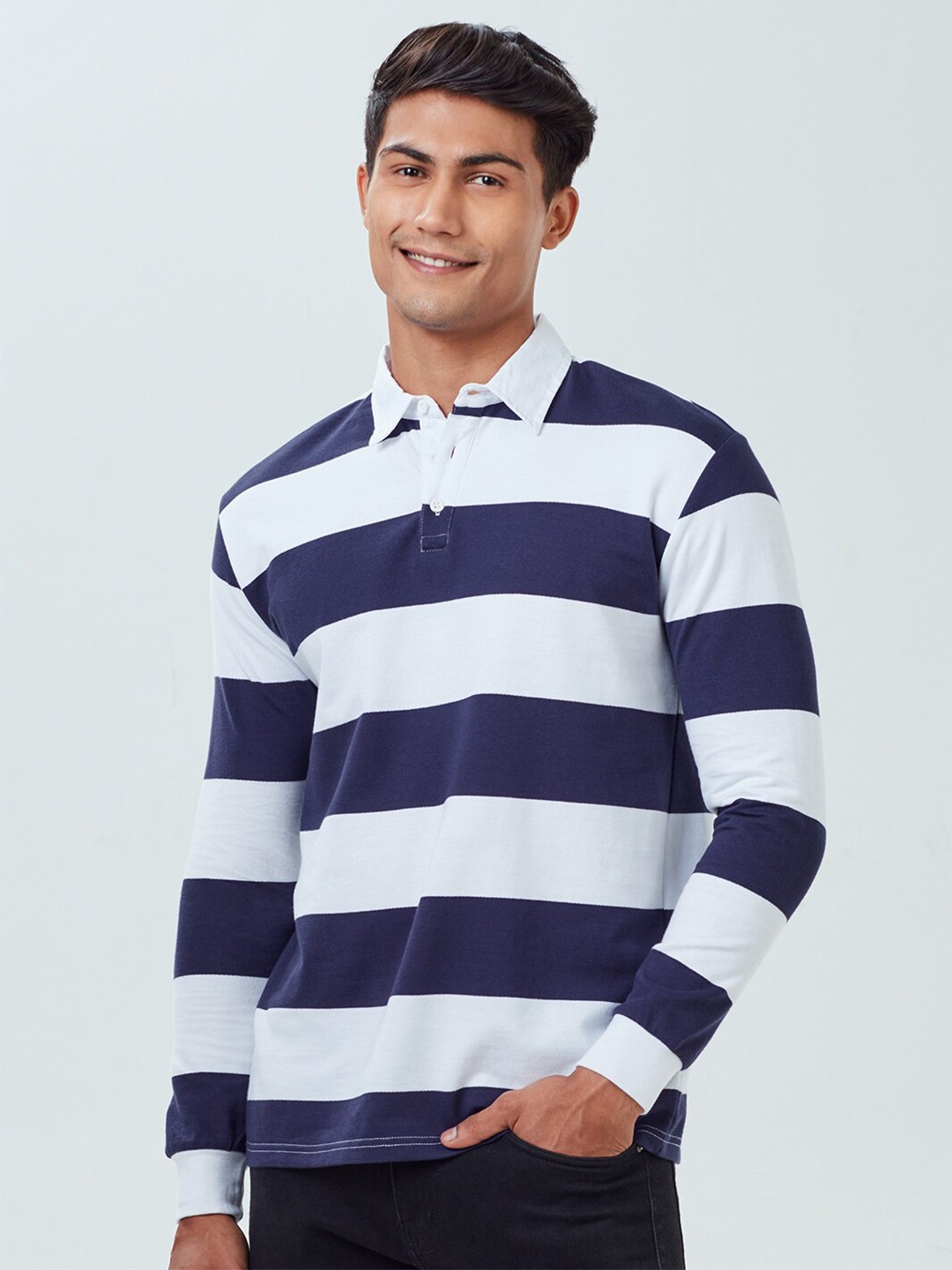 

The Souled Store Men Blue & White Striped Polo Collar T-shirt